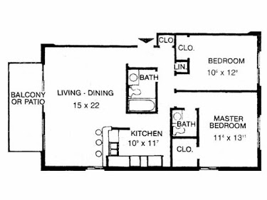 Floor plan for 2 beds, 1.5 baths, 991 sqft